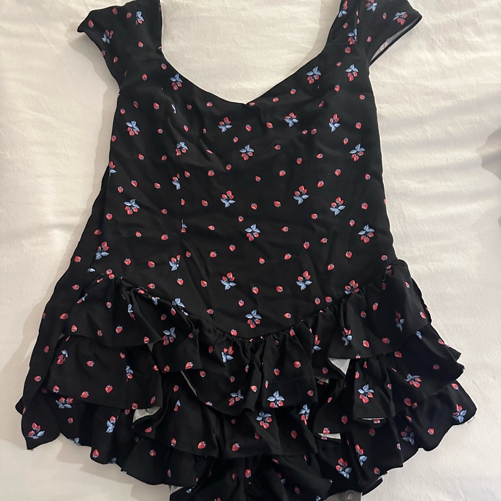 Strawberry summer Ruffle Black Romper